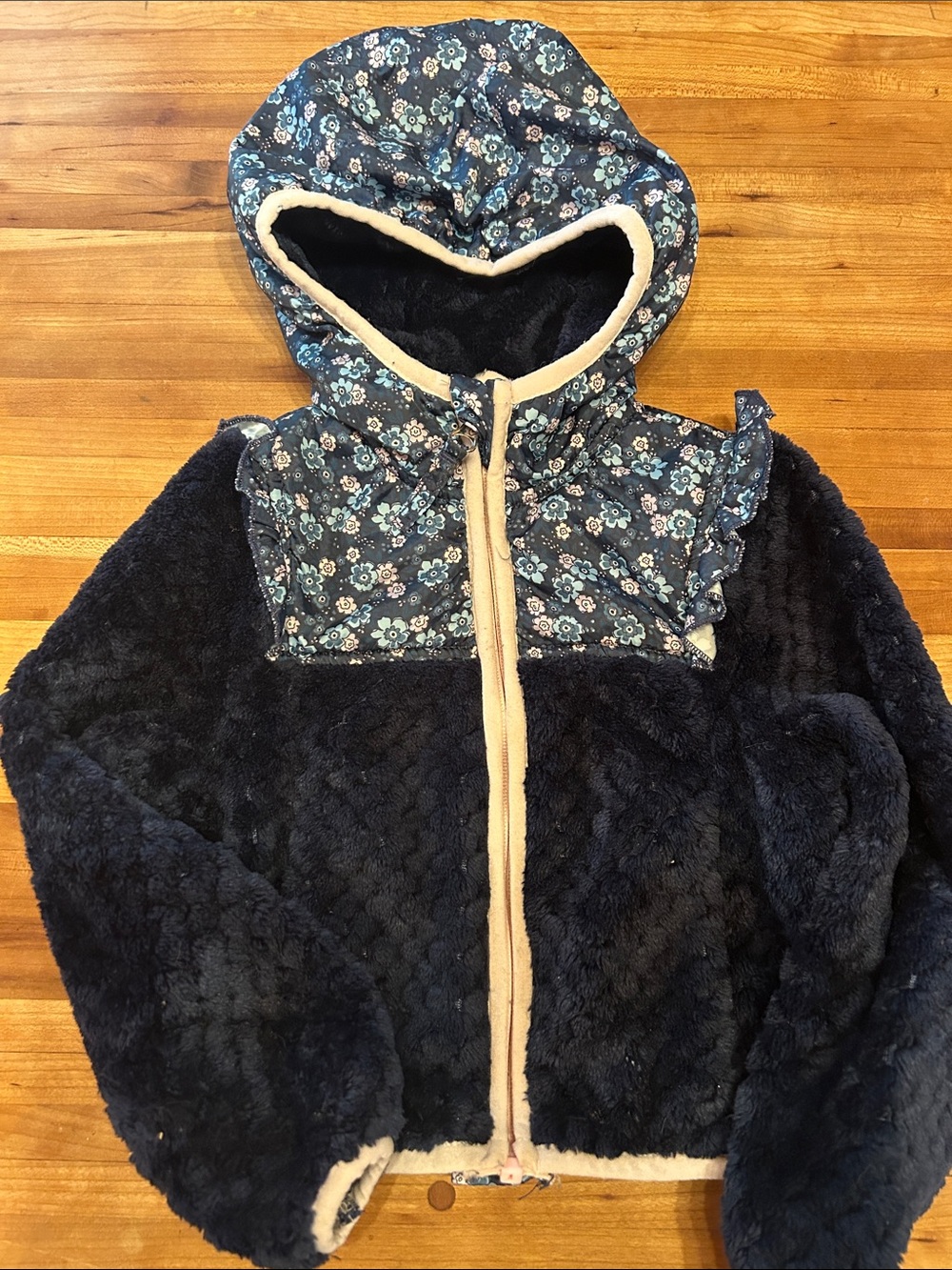 T.J.Maxx Navy Floral Hooded Puffer Jacket with Cream Trim